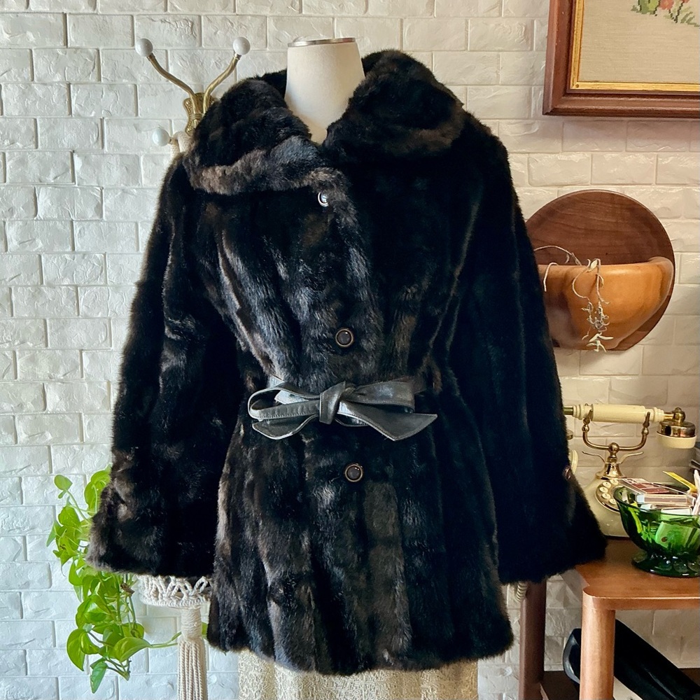 Vintage 50s 60s Chocolate Brown Faux Fur Coat Ornate Buttons + Leather Waist Tie - Picture 2 of 13